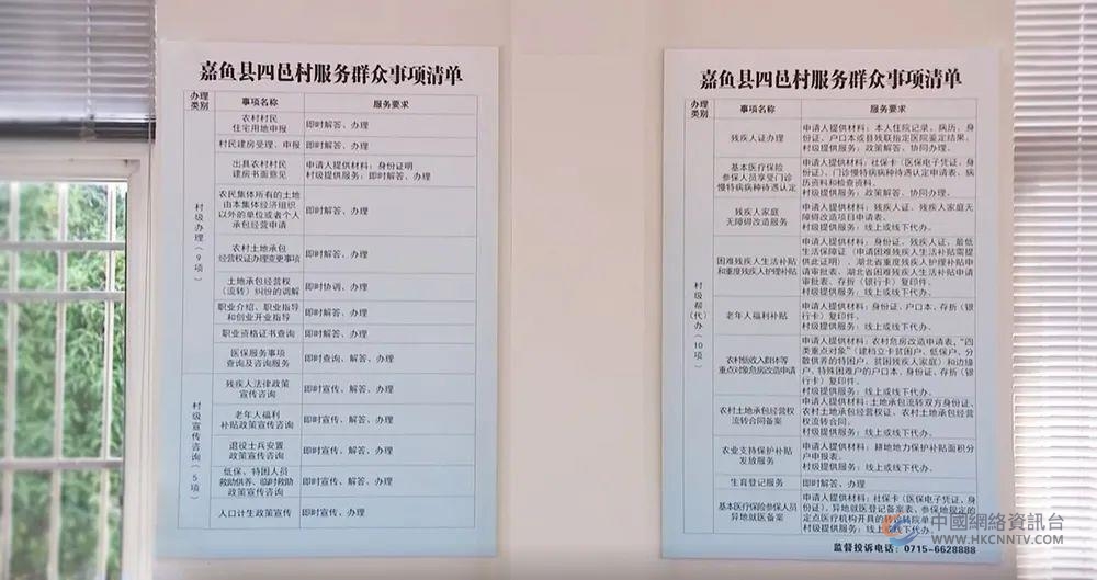 △湖北咸宁市潘家湾镇四邑村党群服务中心张贴的《服务群众事项清单》。