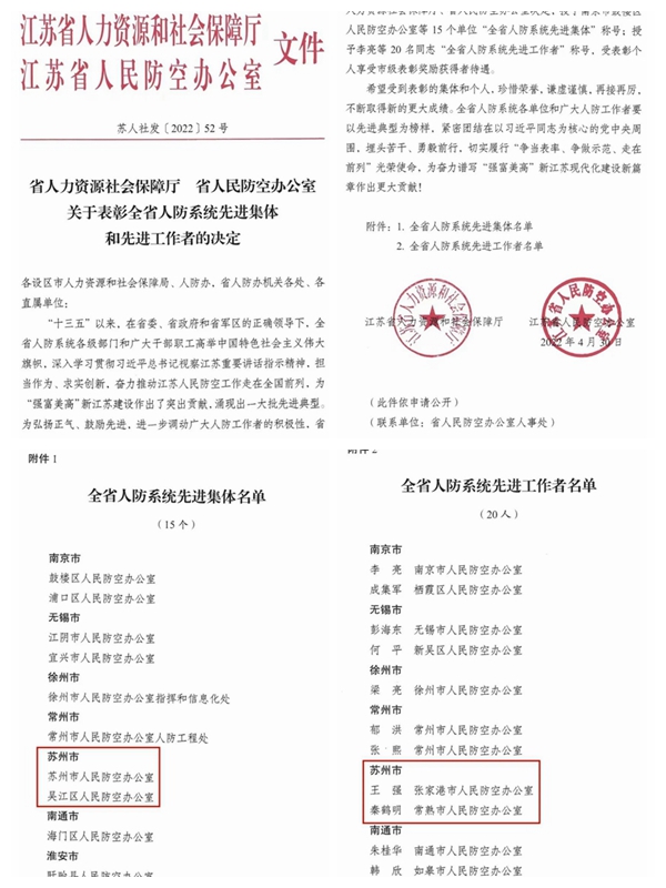苏州市人民防空办公室荣获“全省人防系统先进集体”称号