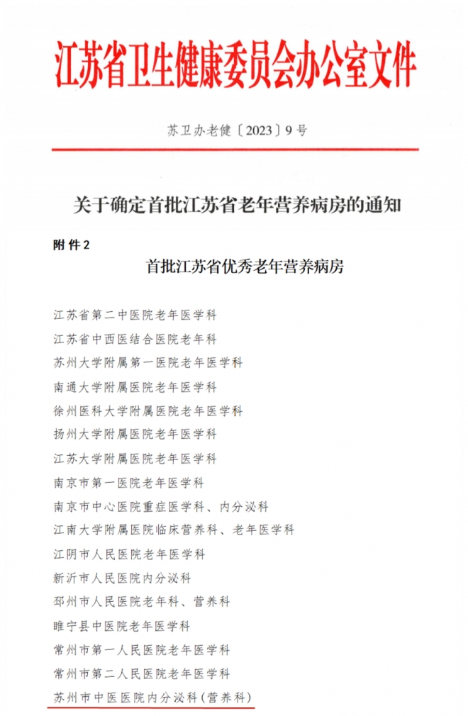 苏州市中医医院获评首批“江苏省老年营养病房”