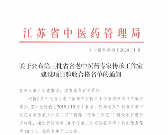 苏州市中医医院葛惠男工作室入选省名老中医药专家传承工作室“十强”